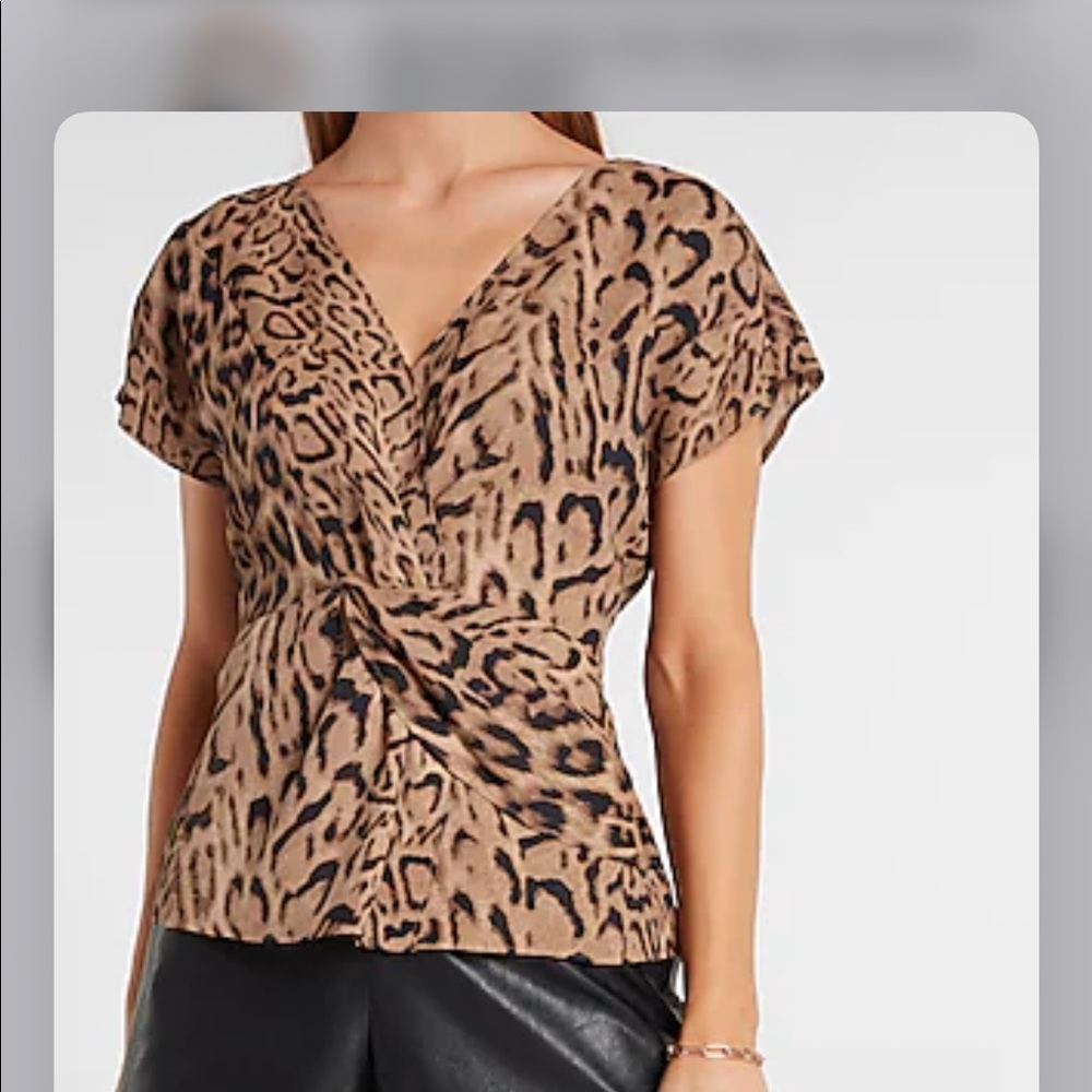 Leopard Print Twist Front Short Sleeve V-Neck Top